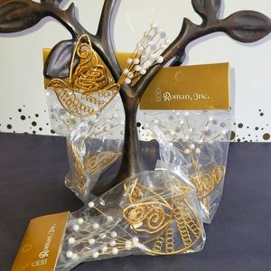 4Pc "Roman Inc" Handmade Gold & Pearl Peacock Christmas Ornaments (Vintage)